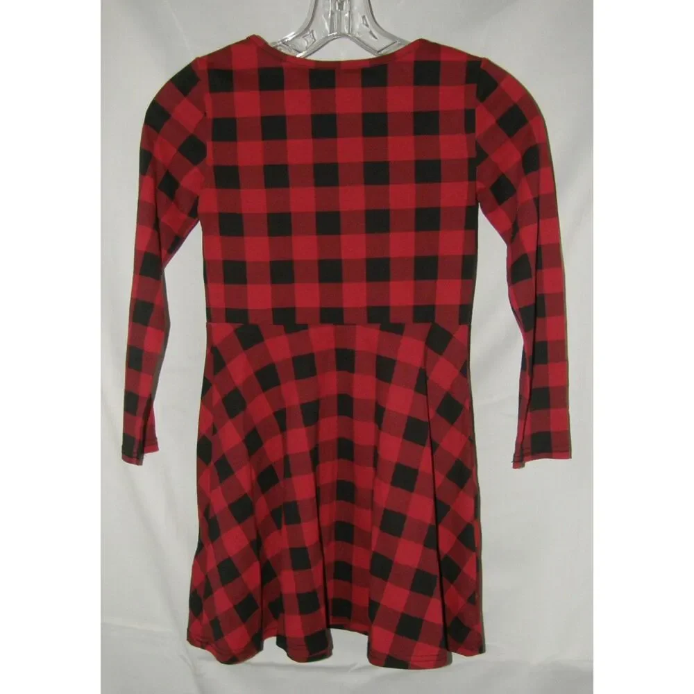 NEW Girls Sz Medium (7/8) Red & Black Plaid Long Sleeve Fit & Flare Dress PLACE